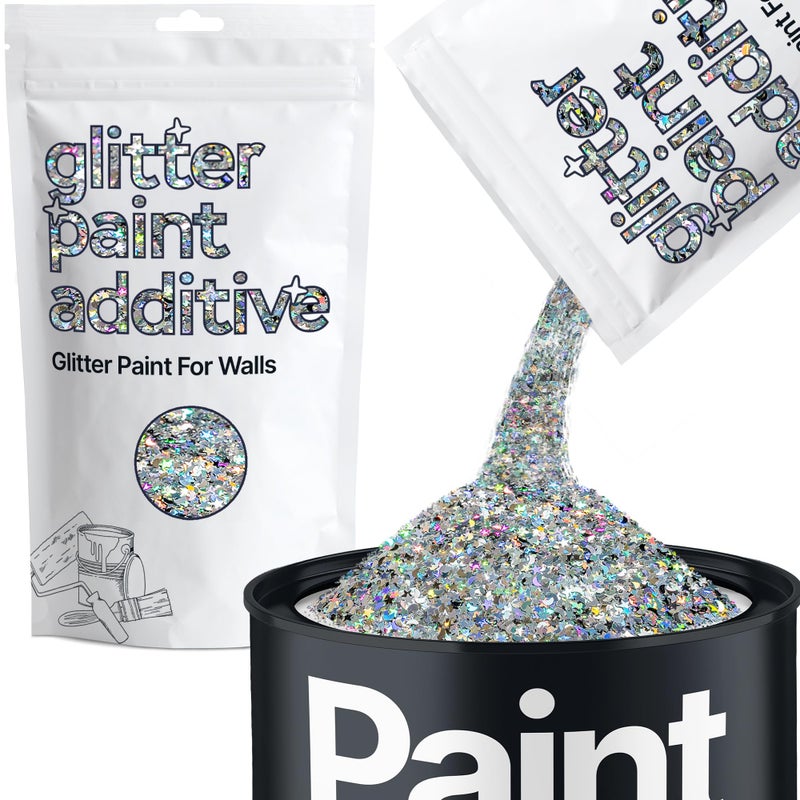 Hemway Glitter Paint Additive Glitter Crystals for Acrylic Paint, Interior & Exterior Walls, Wood, Varnish, Furniture, Matte, Gloss, Satin, Silk - 100g / 3.5oz - Silver Holographic Stars & Moons - Image 1